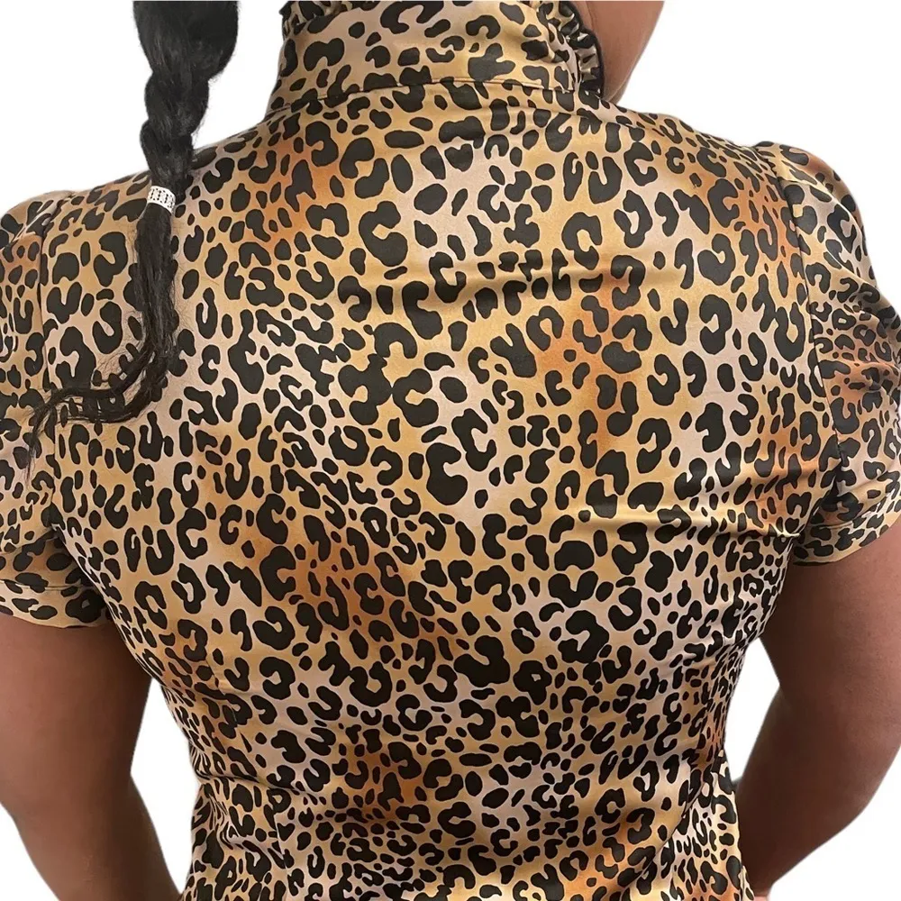 Worthington blouse woman’s cheetah print high neckline ruffle button top Sz XL - Image 5