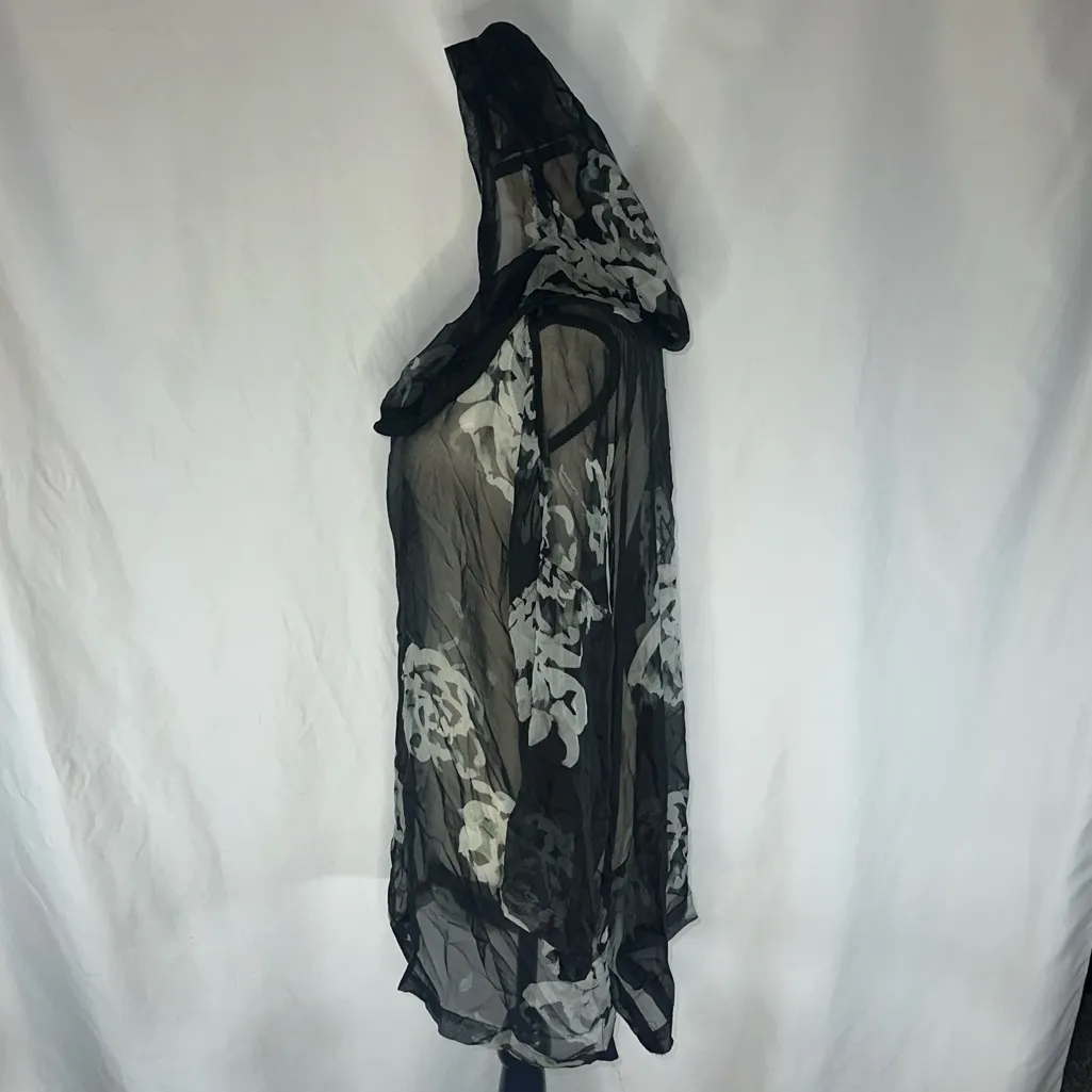 Johnny Was Biya • 100% Silk Hooded Tunic Floral Oversized Sheer Size XS Boho￼ Black - Image 3