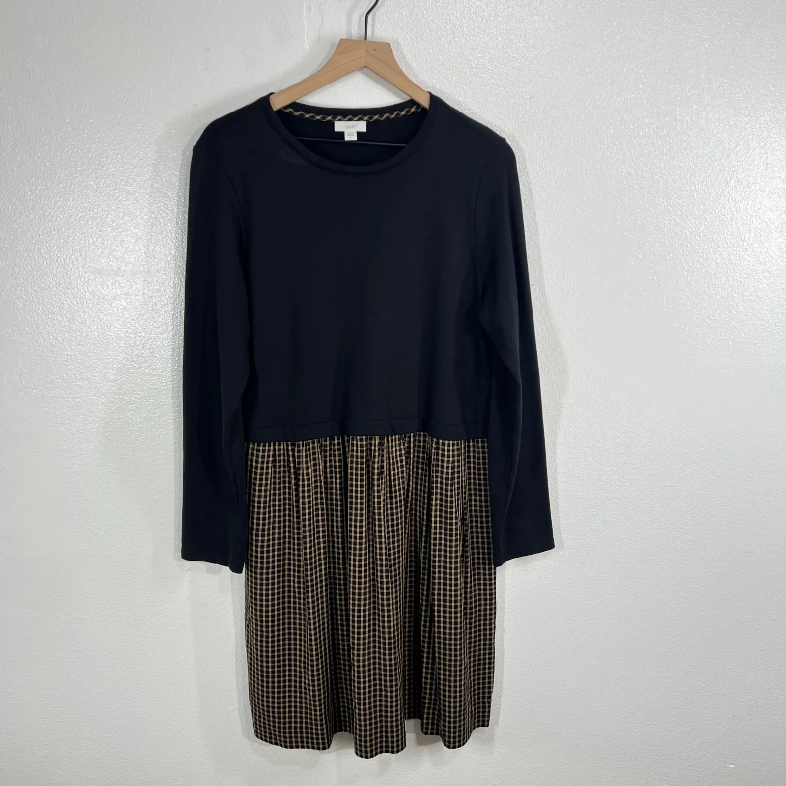 J Jill Mixed Media Plaid Dress Womens L Black Tan Long Sleeve Pockets Minimal Size L - Image 2