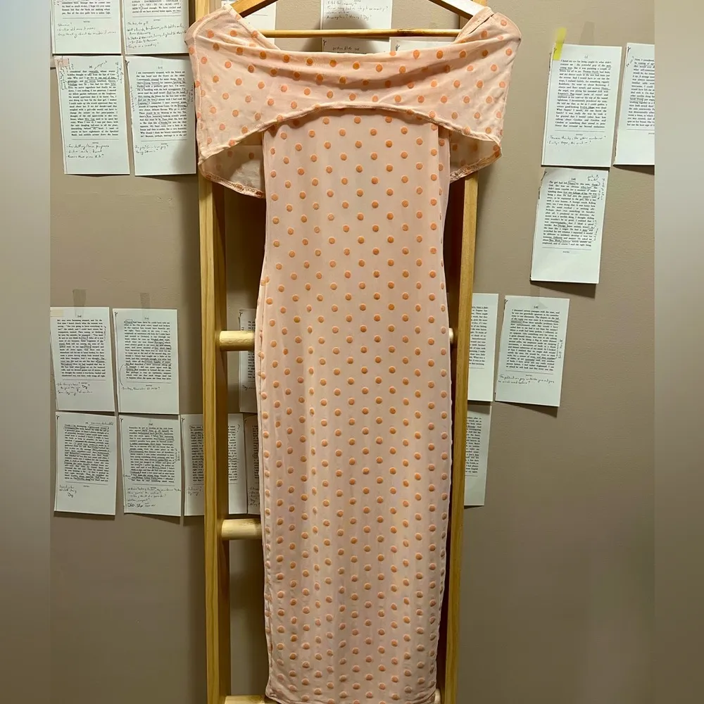 Nude Polka Dot Print Flocked Mesh Off Shoulder Bardot Midi Dress NWT - Image 2