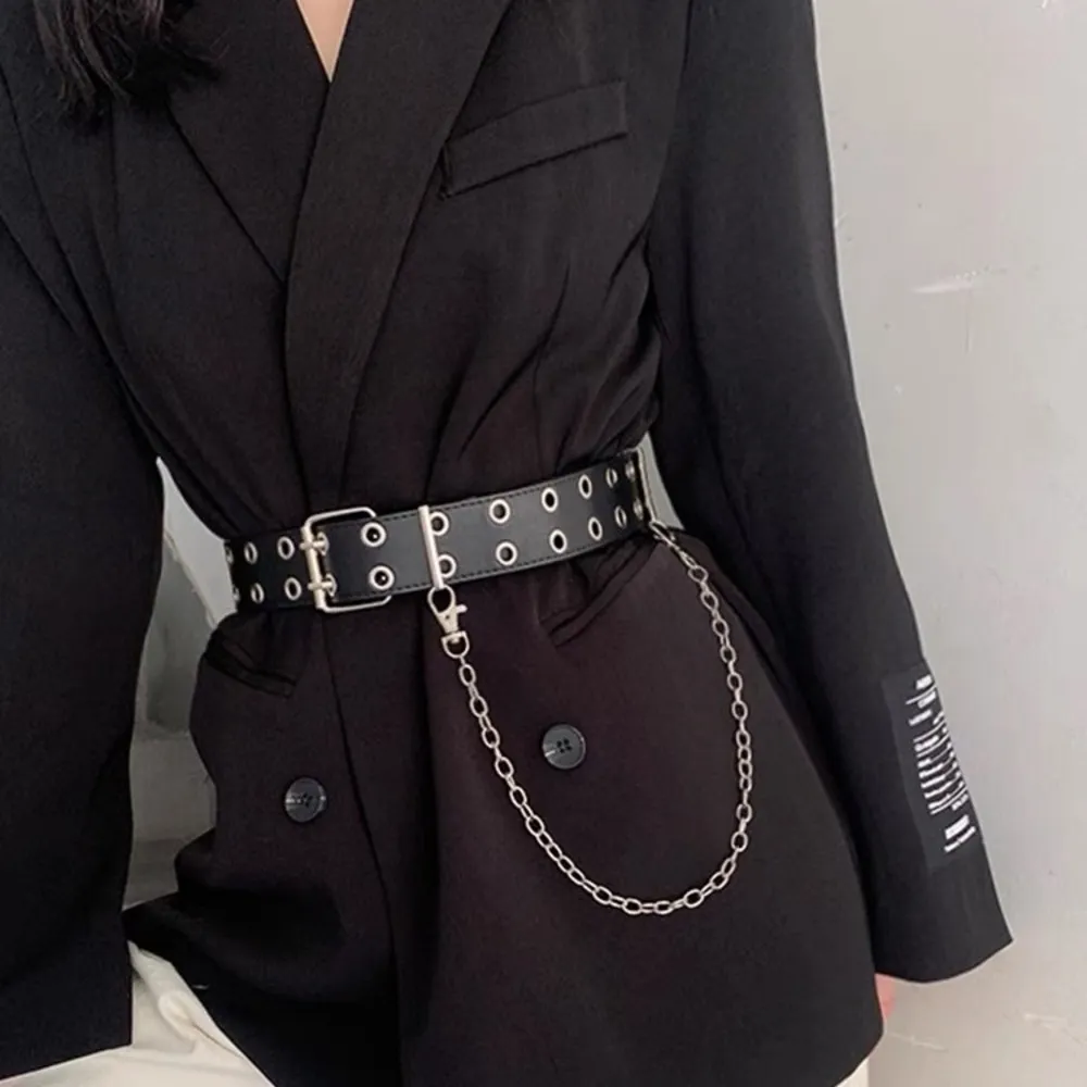 Korean style Leather Belt with Detachable Chain Wome Punk Rock Waist kpop white - Image 2
