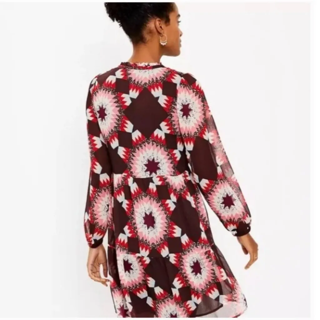 Loft Patchwork Button Flounce Mini Dress, Red multi | Size Medium - Image 2