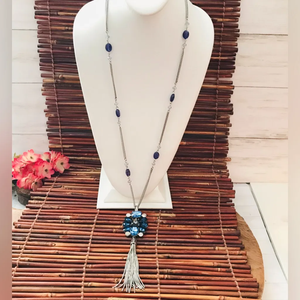White House Black Market Blue Glass Stone Tassel Pendant Long Necklace - Image 3