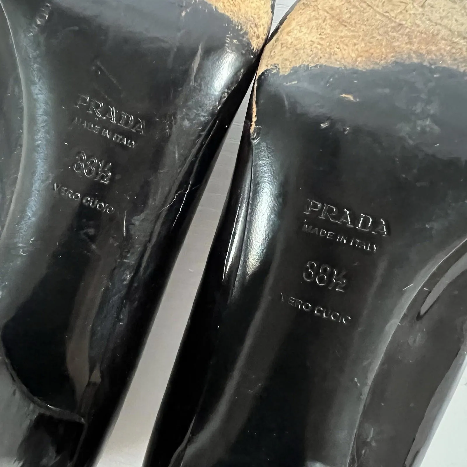 Vintage PRADA Ombré Two-Tone Patent Leather Peep Toe Heels Black Tan Block Pumps - Image 7