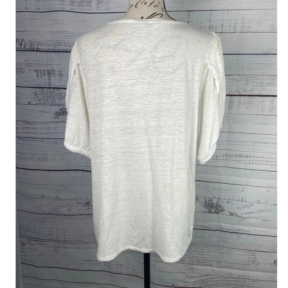Chicos 2 Linen Blend Embroidered Tee Shirt Womens L Fringe Hem Sleeves White - Image 5