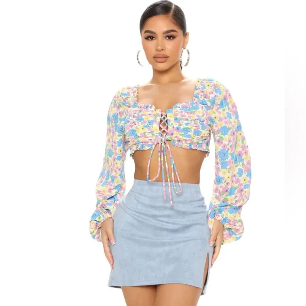 Fiestar Smocked Crop Top Front Lace Up Puff Sleeves Floral Womens Size Large NWT - Image 2