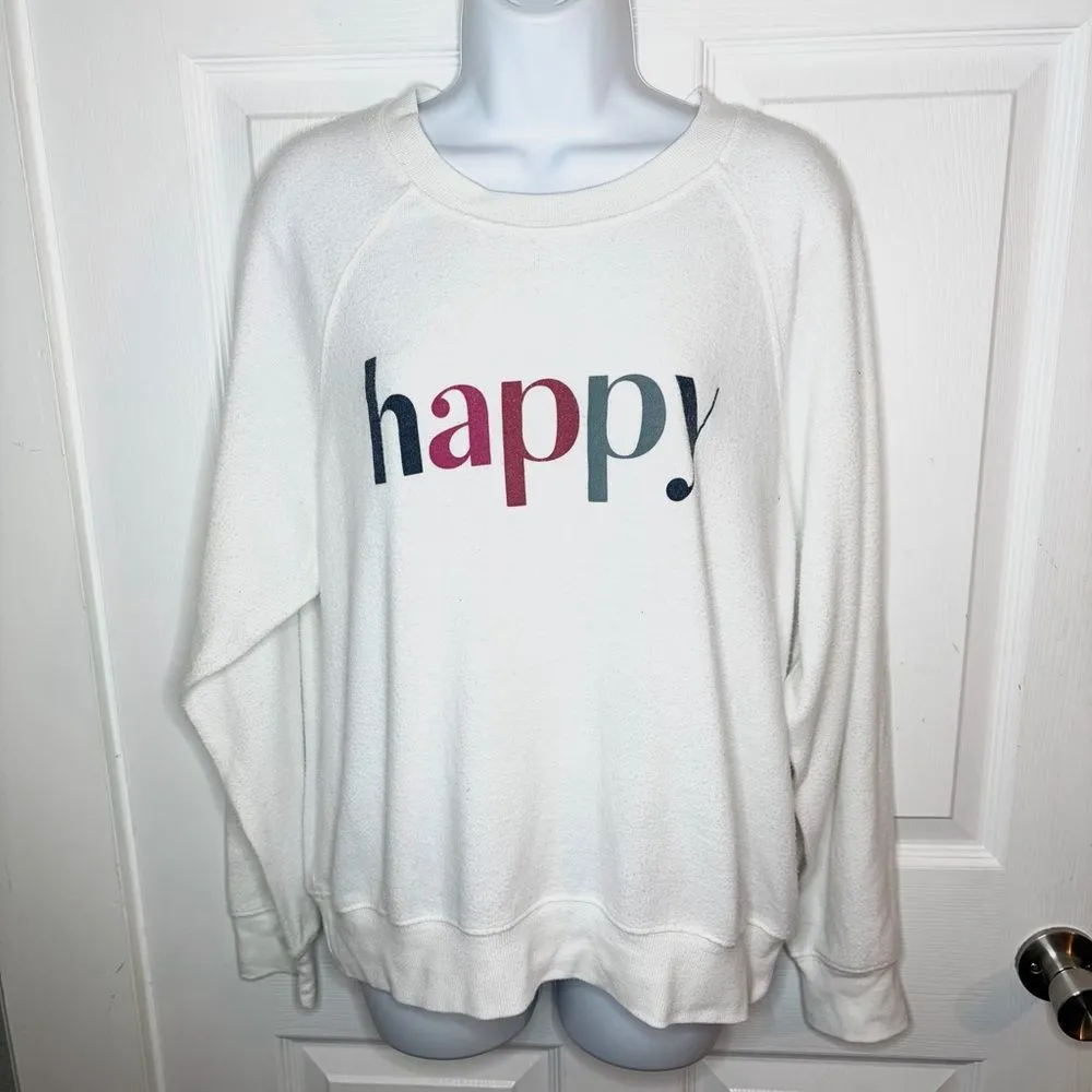 Z Supply Happy Graphic Print Sweatshirt Ivory White Crew Neck Lightweight M - Image 2
