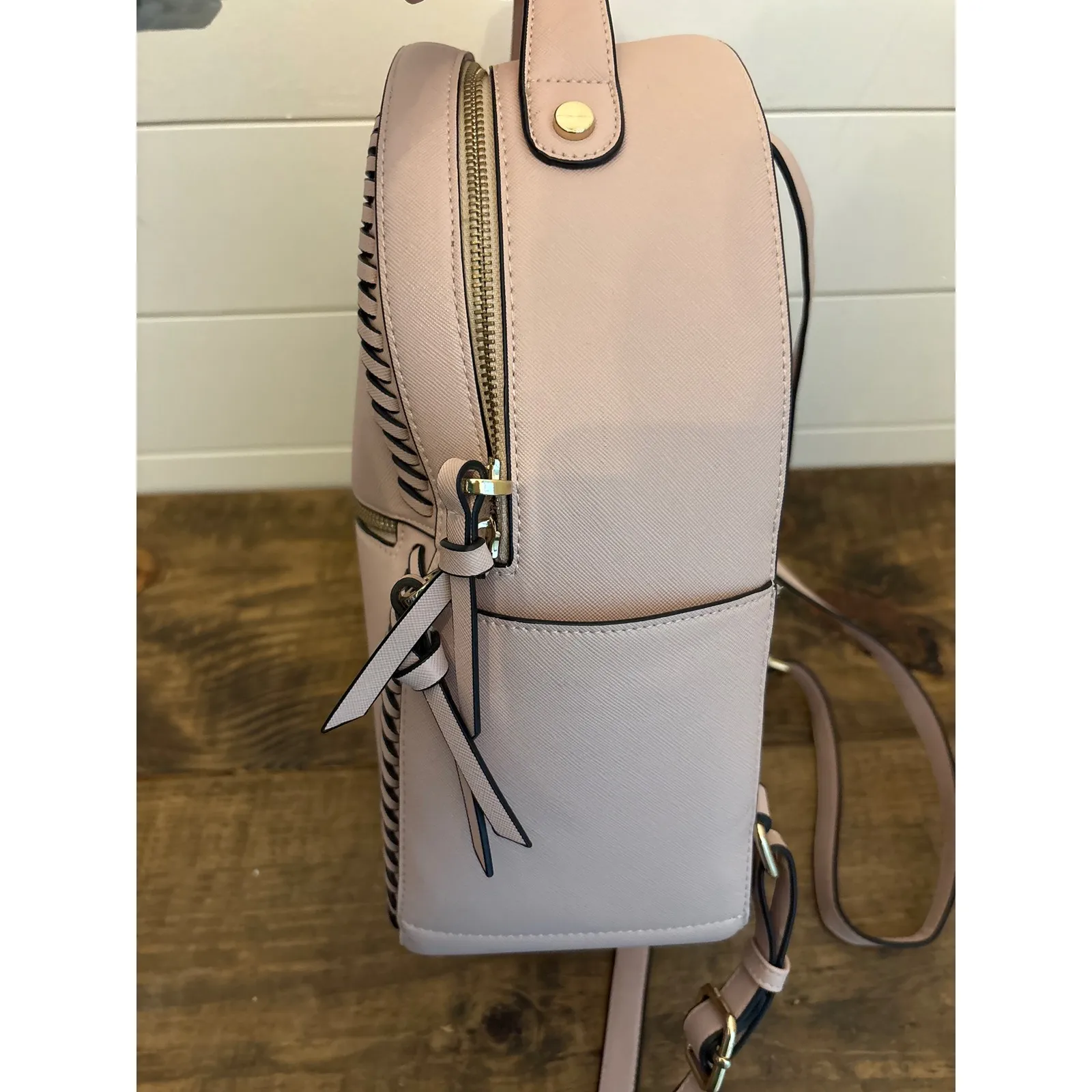 Calpak Blush Pink Faux Leather Backpack Strappy Stitch Detail Gold Hardware NEW - Image 5