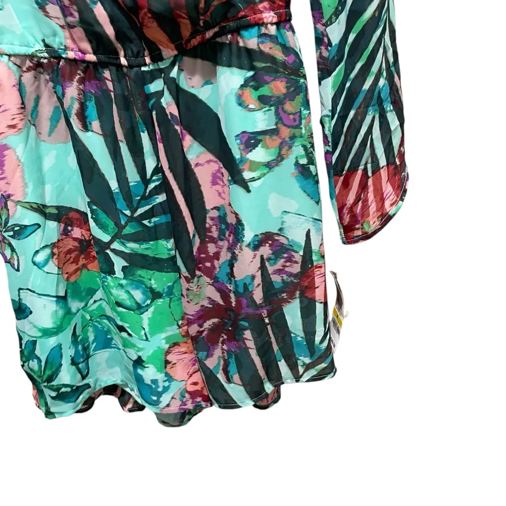 Thalia Sodi Tropical Floral Sheer Sleeve Belted Romper Aqua Bliss Womens Medium - Image 6