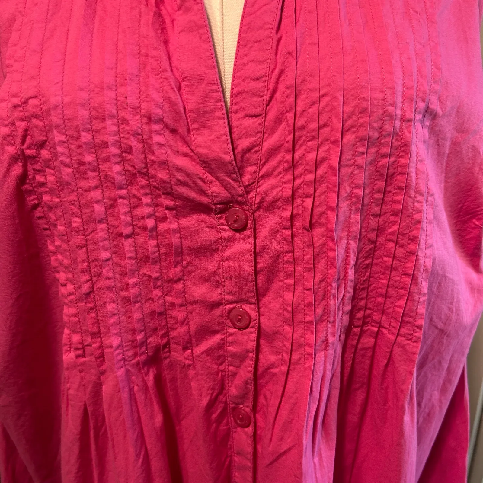 Woman Within Top S M Button Up Peasant Smock Fuchsia Pleats Artsy 100% Cotton - Image 6
