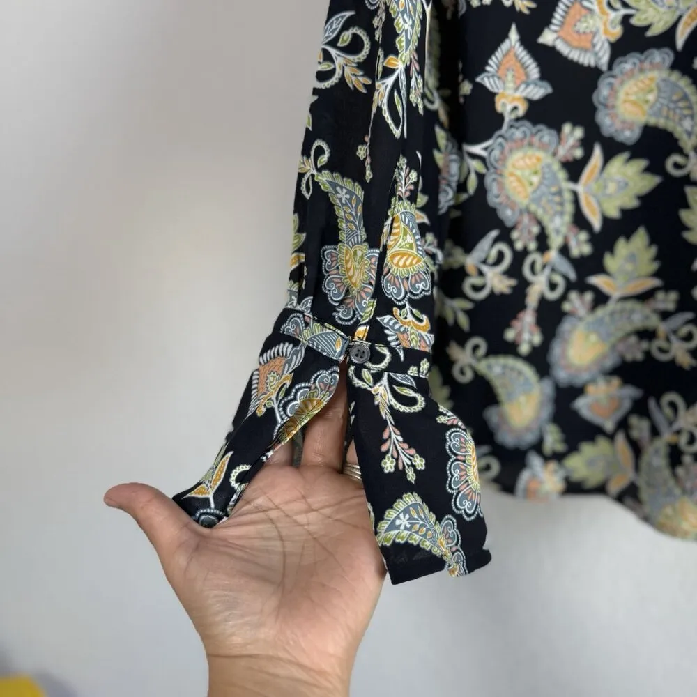 Loft Women's Long Sleeve Navy Floral Paisley Design Flutter Sleeves Blouse Sz XS - Image 4