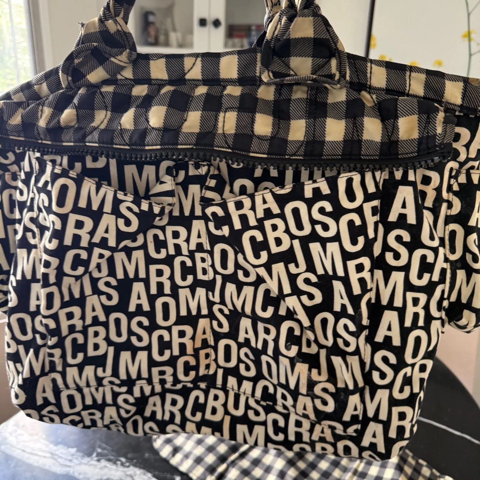 Marc Jacobs Tote Bag Gingham Quilted Nylon Black White Large - Image 3