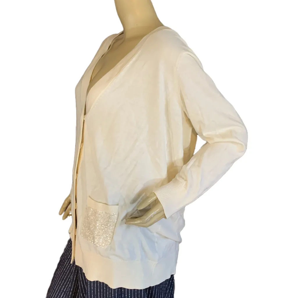 TALBOT'S WOMAN PETITES CREAM COTTON BLEND CARDIGAN W/SEQUINS NWT (2XP) - Image 4