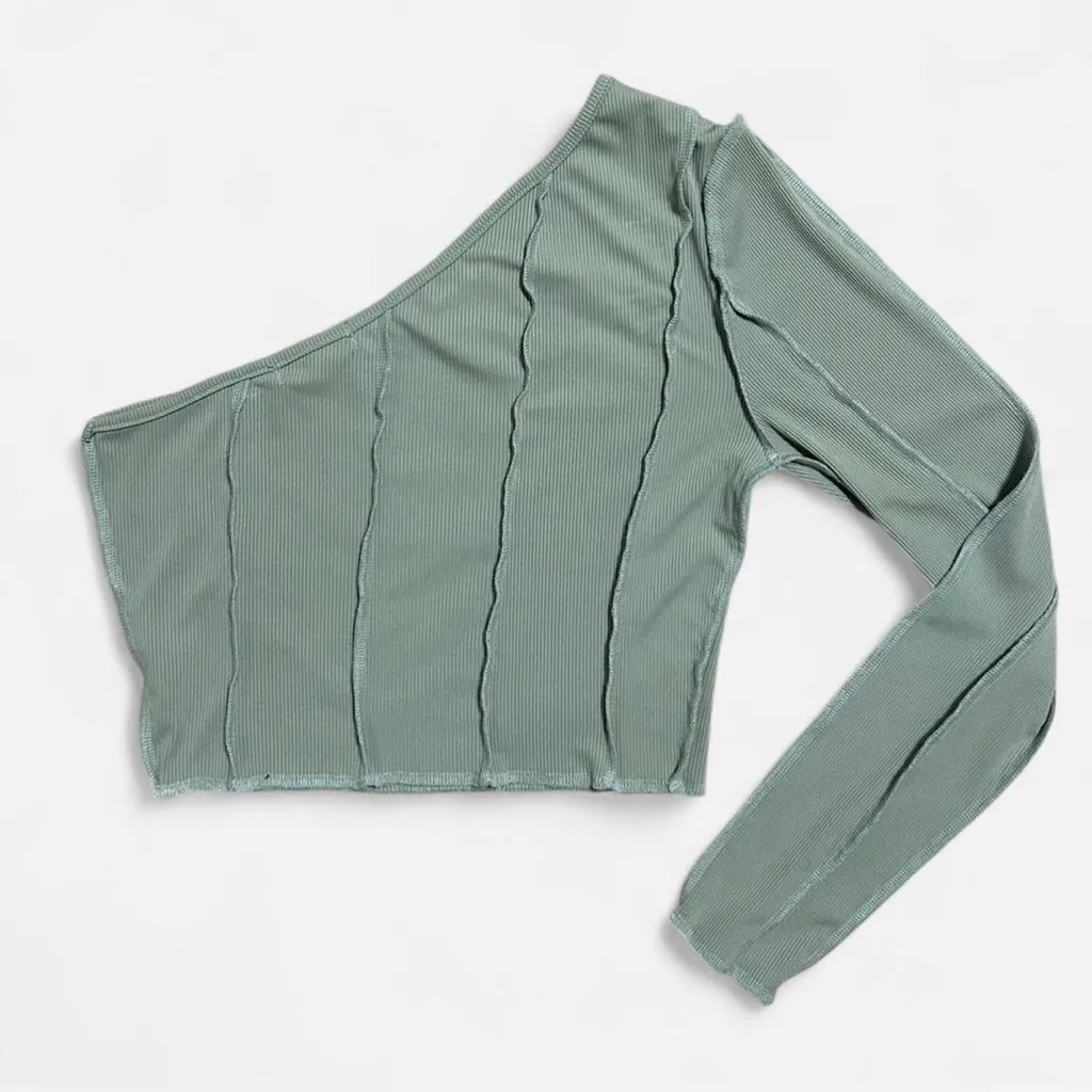 SHEIN Green One Shoulder Ribbed Long Sleeve Crop Top - Size Small - Image 2