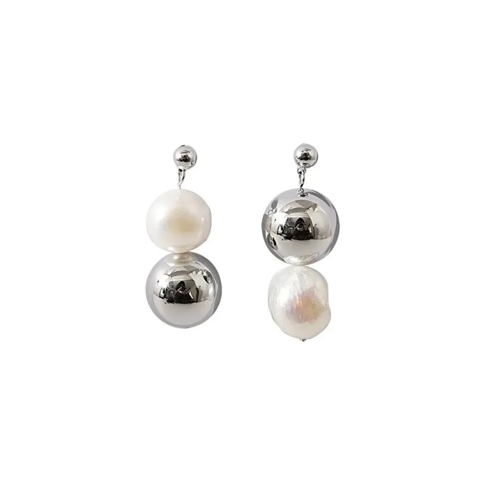 Korean Vintage Metal Ball Baroque Pearls Silver Drop Earrings - Image 7