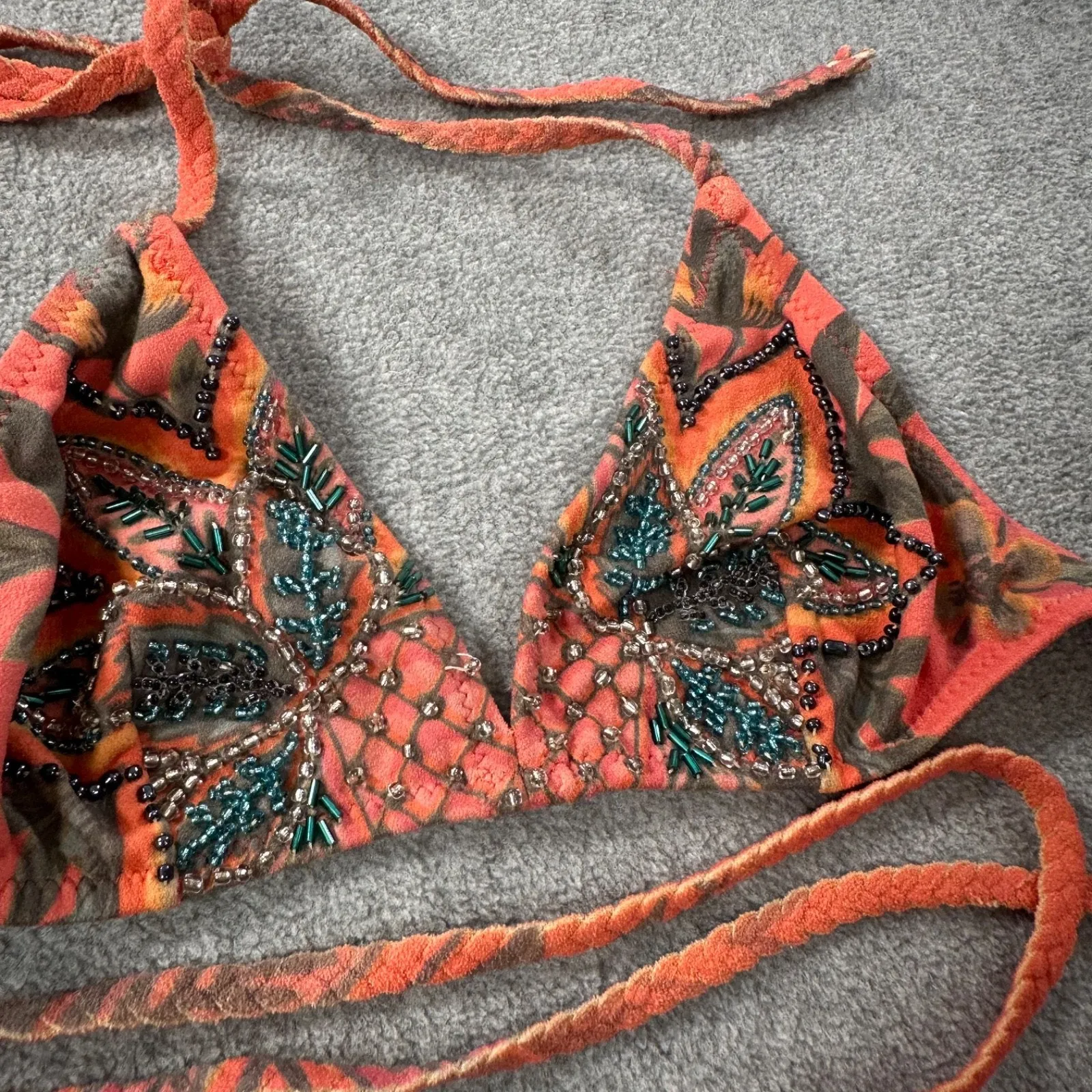 Pin Up Stars Beaded Pineapple String Bikini Womens Large Braided Coral Faux Sued Orange - Image 3
