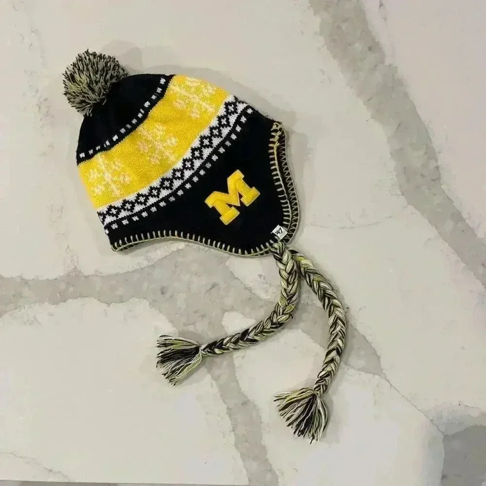 47 Brand University of Michigan Wolverines Knit Cap Pom Tassel EarFlap WinterHat - Image 9