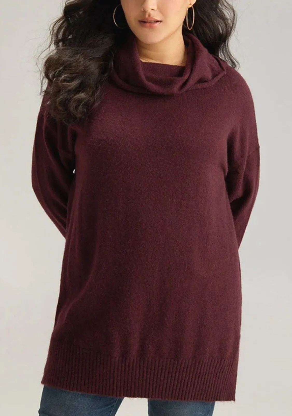 Bloomchic Burgundy Tunic Sweater Tunic Cowl Neck Oversized Long Sleeve 12 Red - Image 1