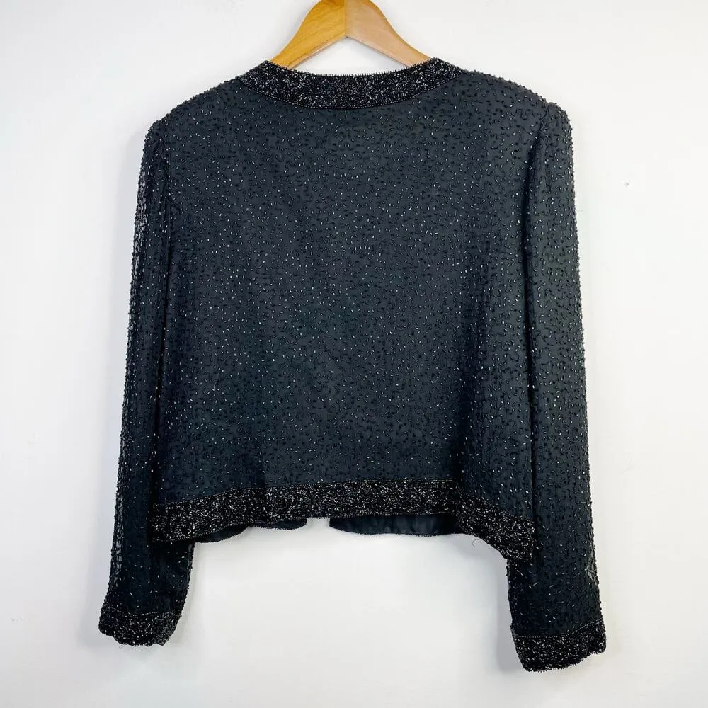 Vintage 90s Stenay Black Silk Glam Party Beaded Long Sleeve Jacket Womens M L Size M - Image 6