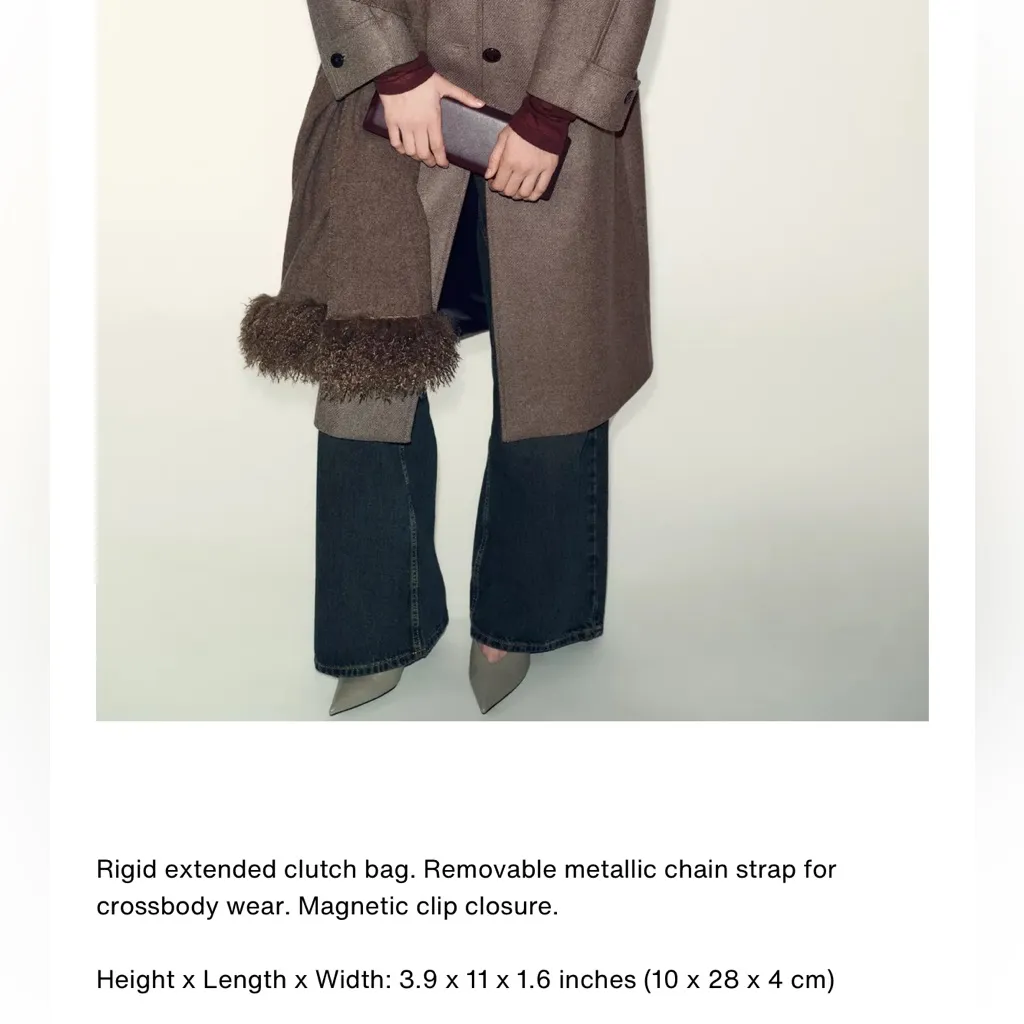 Zara NWT brown faux leather elongated extended rectangle clutch bag gold chain - Image 4