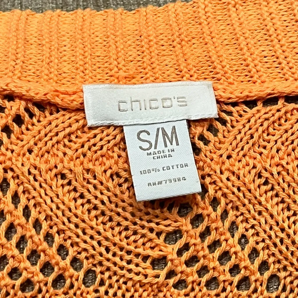 Chico's Vibrant Orange 100% Cotton Crochet Knit Batwing Sweater - Size S/M - Image 12