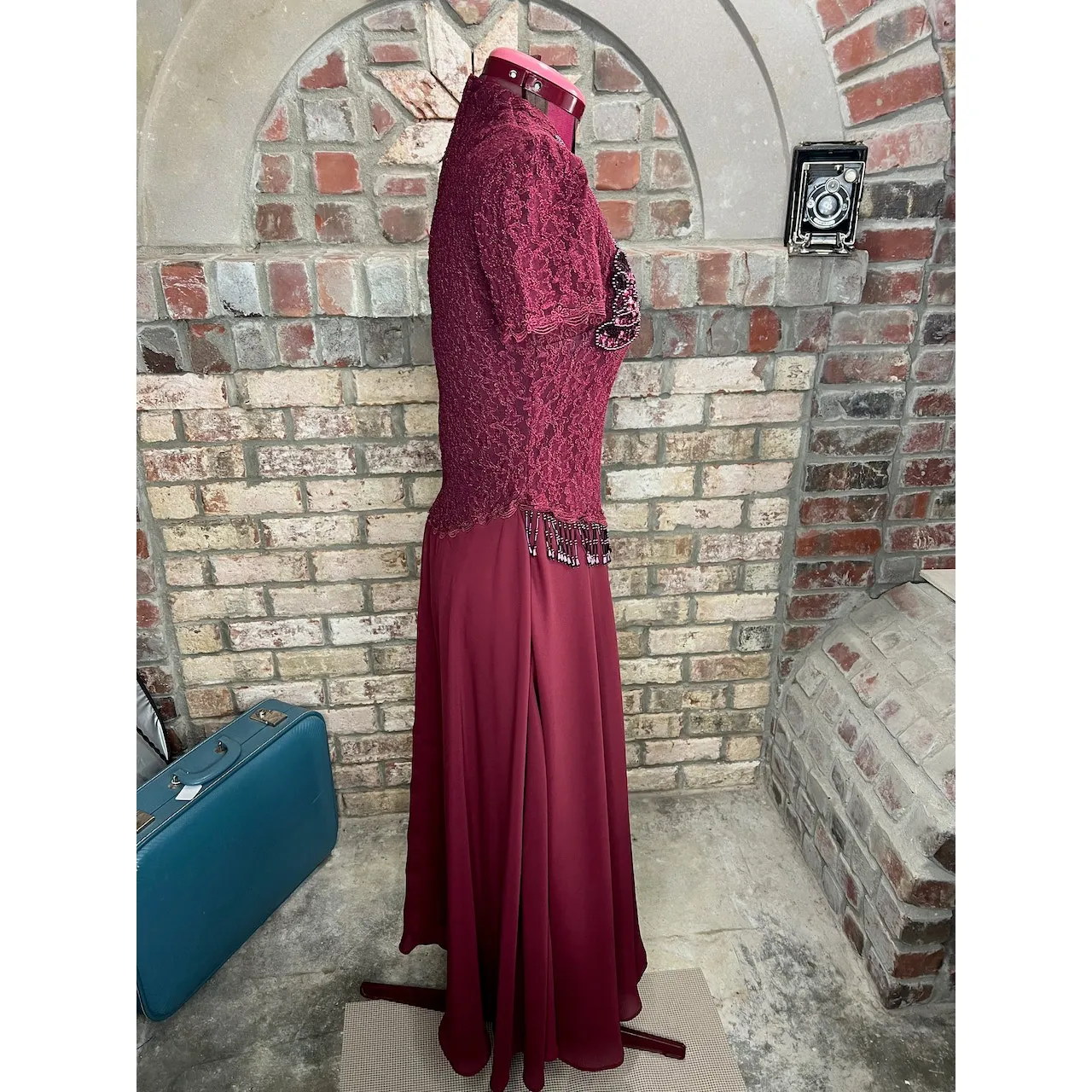 formal dress prom maroon wine red lace beaded fringe Size M - Image 9