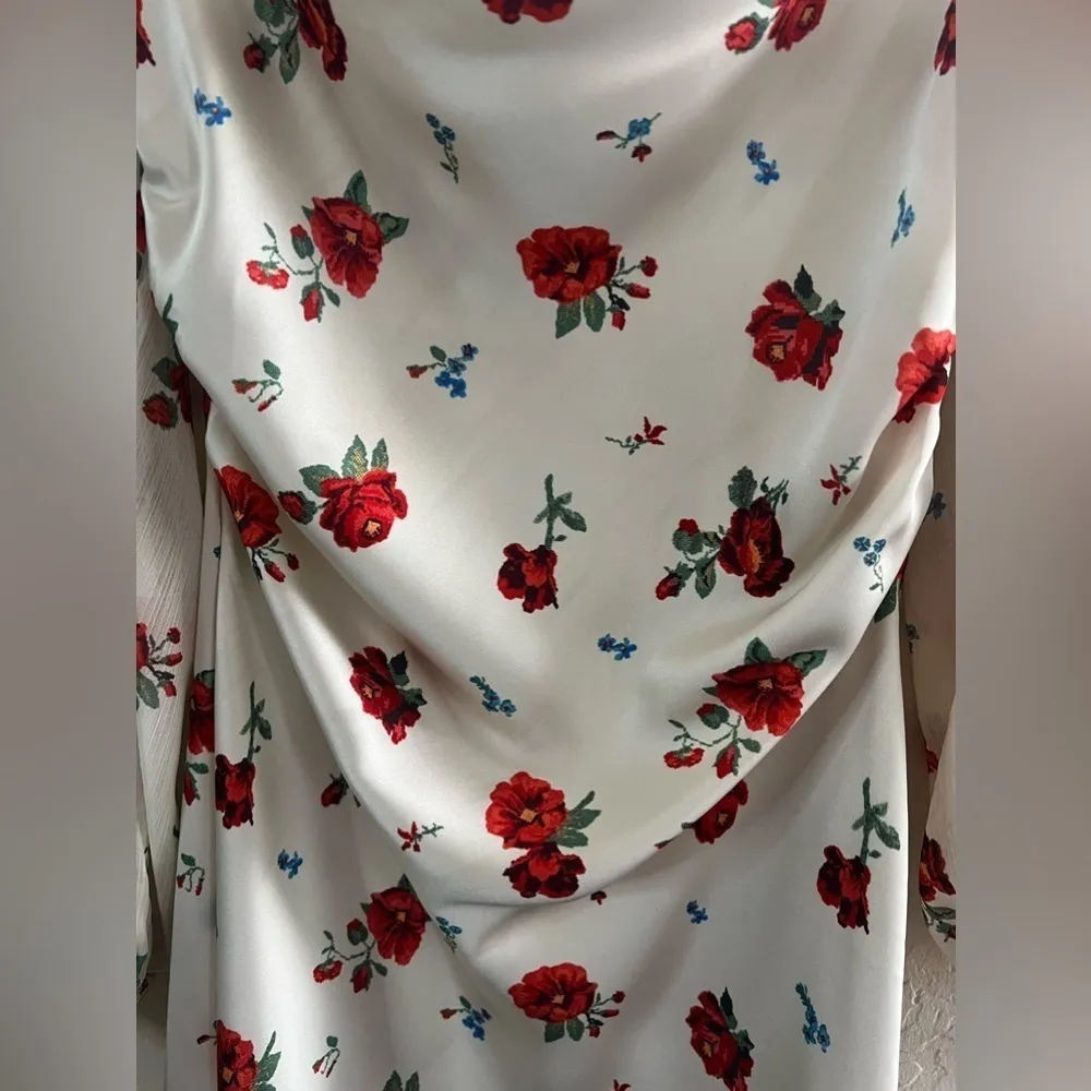 WE WORE WHAT Optic White Multi Floral Puff
Sleeve Cowl Neck Mini Dress sz 4 - Image 5