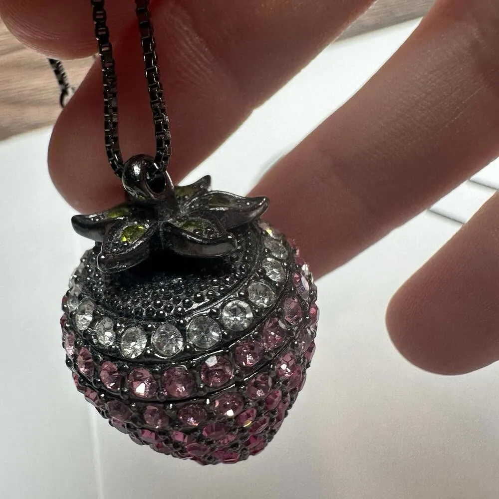 Rhinestone Strawberry Fruit Pendant Gunmetal Chain Necklace Red Pink Clear Green - Image 6