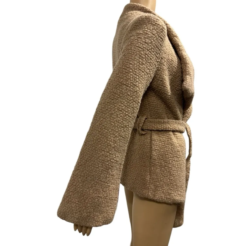 Lush Wool Blend Fully Lined Tan Open Front Tie Belted Waist Coat Womens Small - Image 4