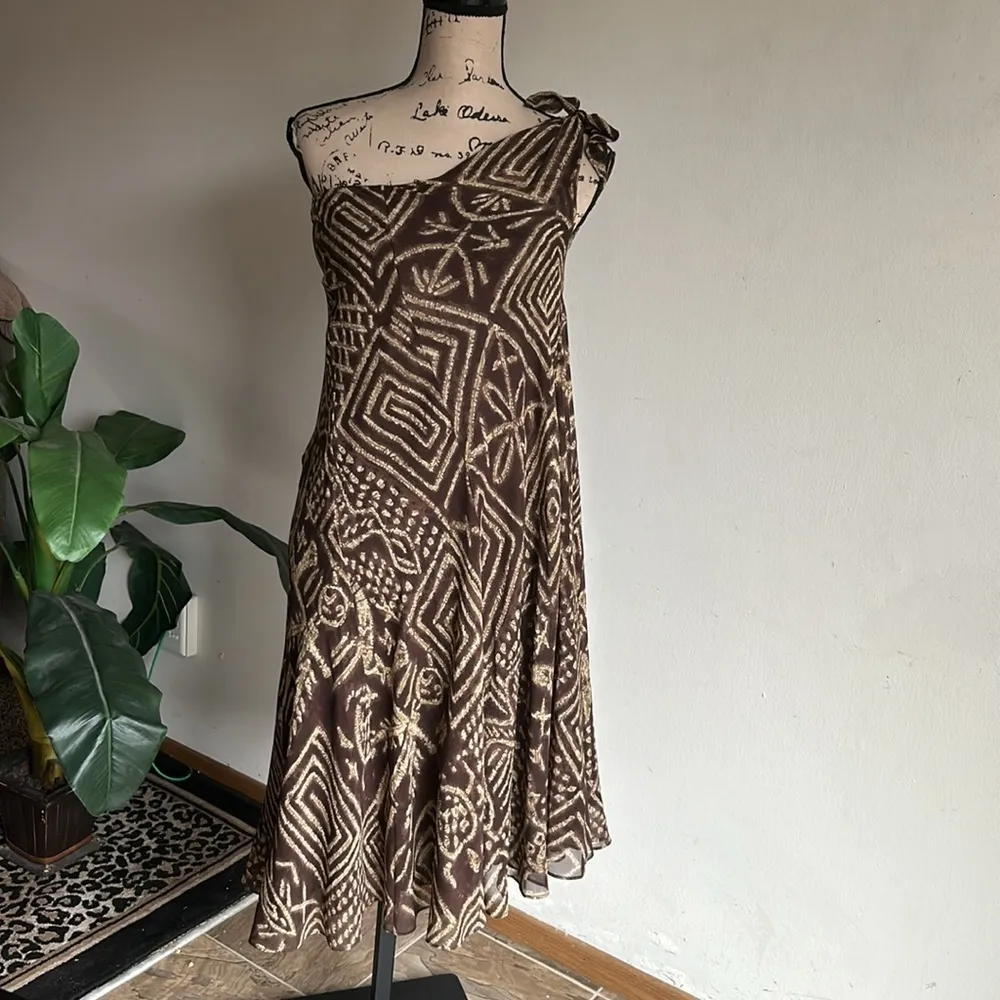 Ralph Lauren One Shoulder Aztec Print Silk Brown Dress Sz 2 NWT - Image 2