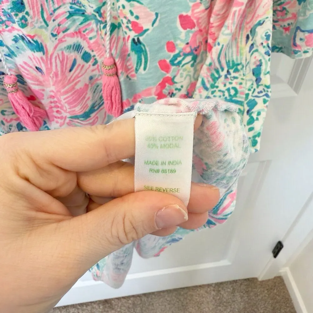Lilly Pulitzer Dress Womens Small Floral Coastal Flare Sleeve Tassel Fish Coral - Image 7