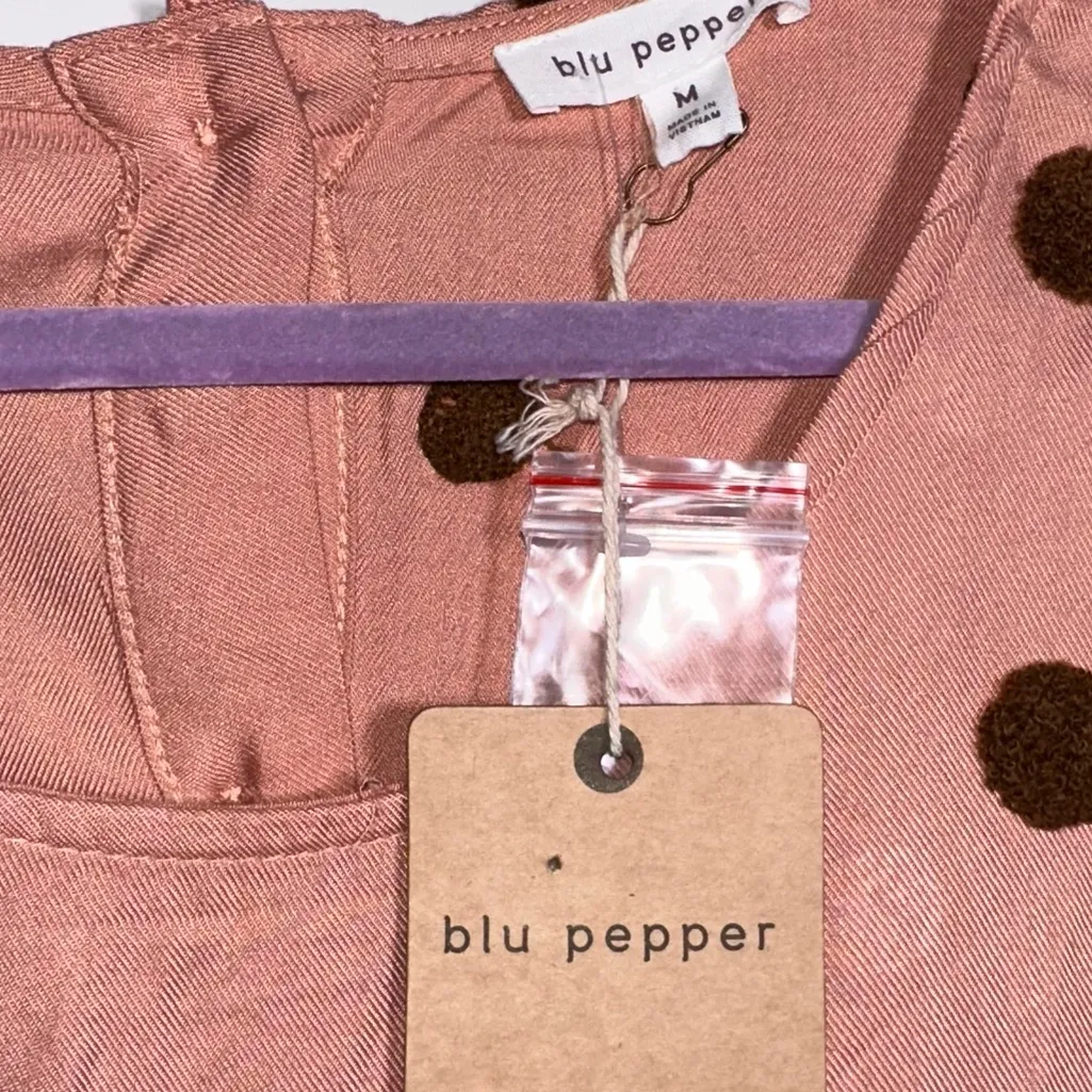 BLU PEPPER Baby-Doll Style Pink Shirt Brown Polka Dots Women’s Medium NWT - Image 3