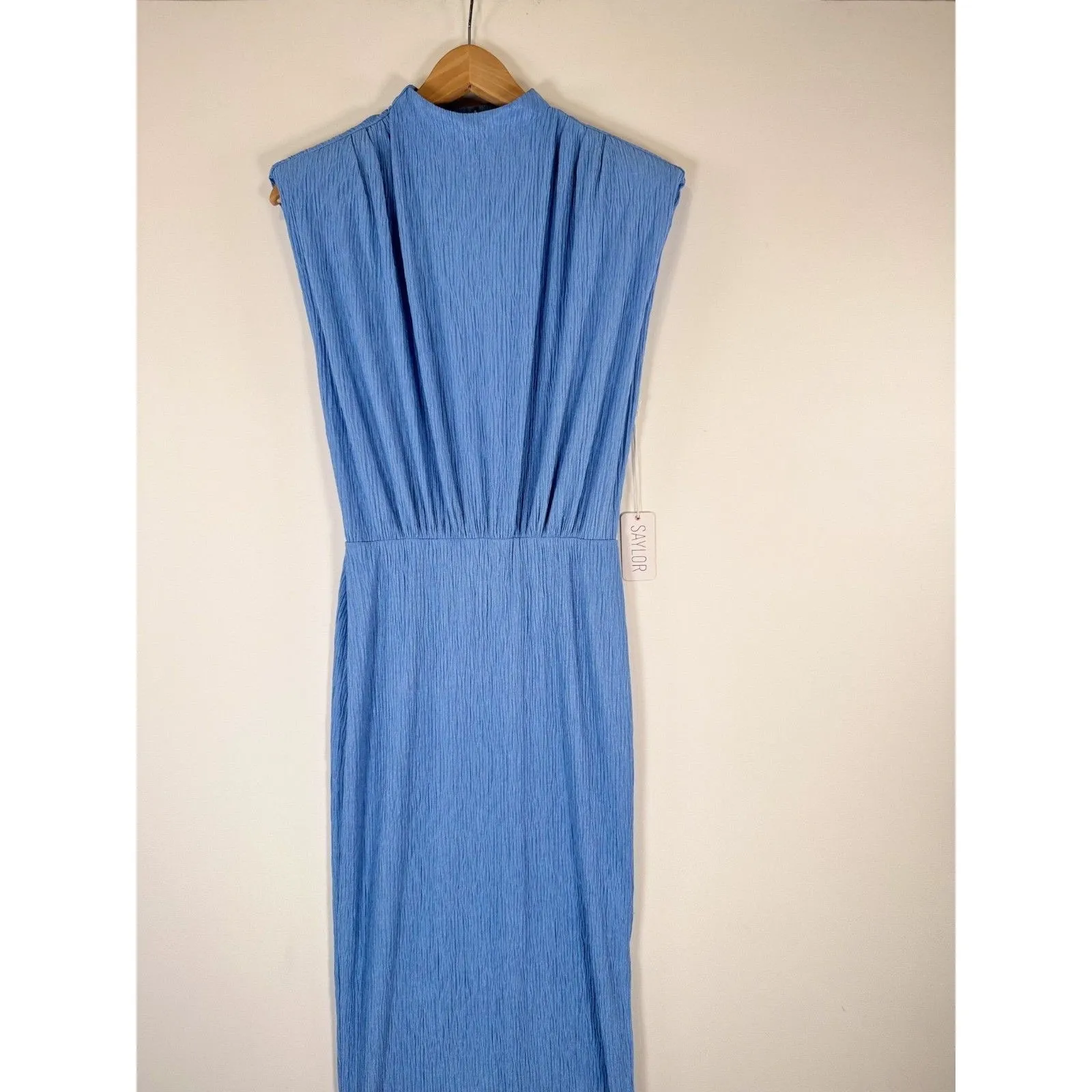 NWT Saylor Dress Blue Fione Plisse Maxi Crinkle Pleat Blouson Slit Stretch XS - Image 5