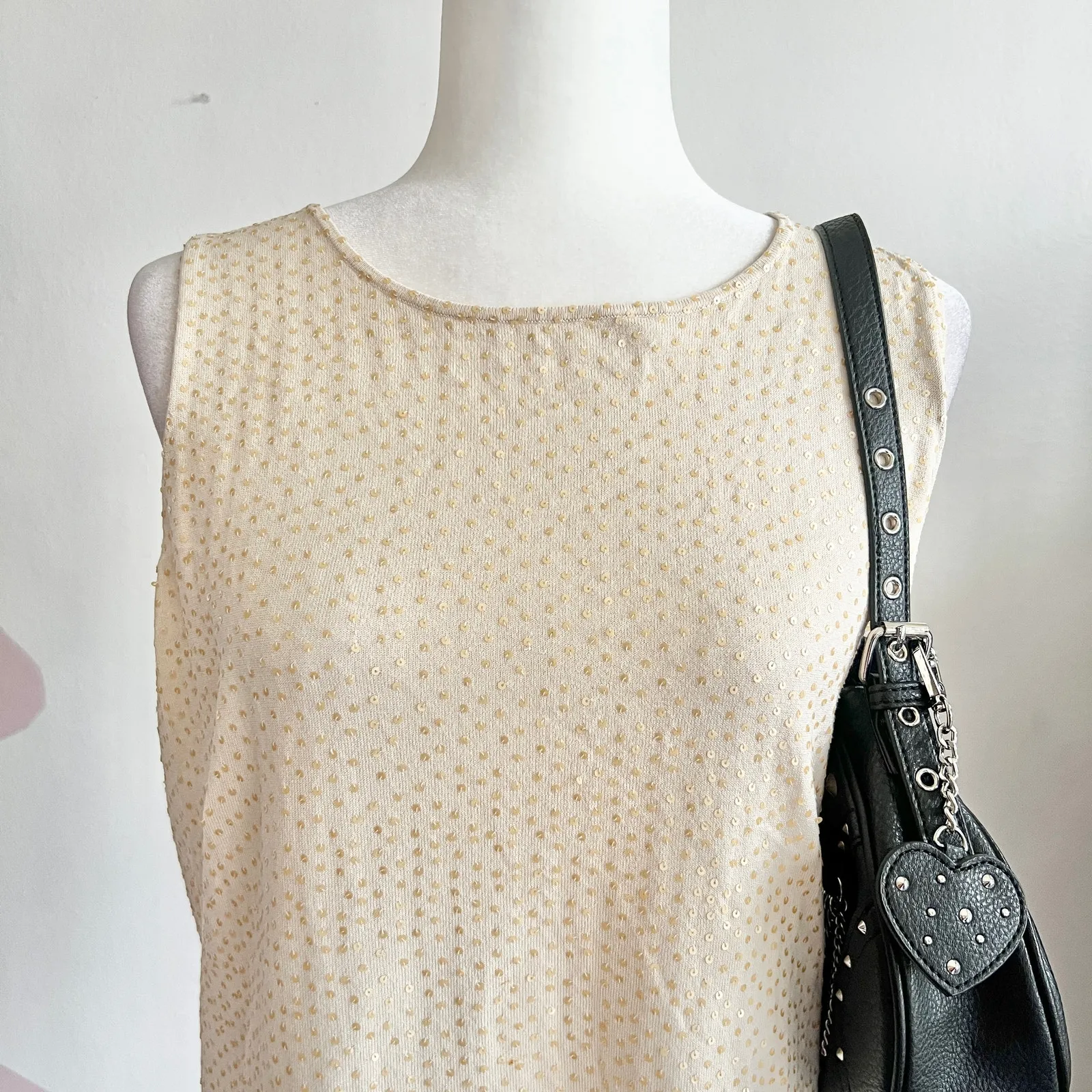 Beige Sequin Tank‎ Top, Y2K, Glam, 2000s, Going Out Top, XL, Indie Sleaze - Image 2