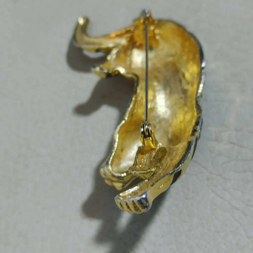 Long Tiger Brooch Black Enamel Stripe Vintage Gold Tone Emerald Green Eye 3 Inch - Image 8