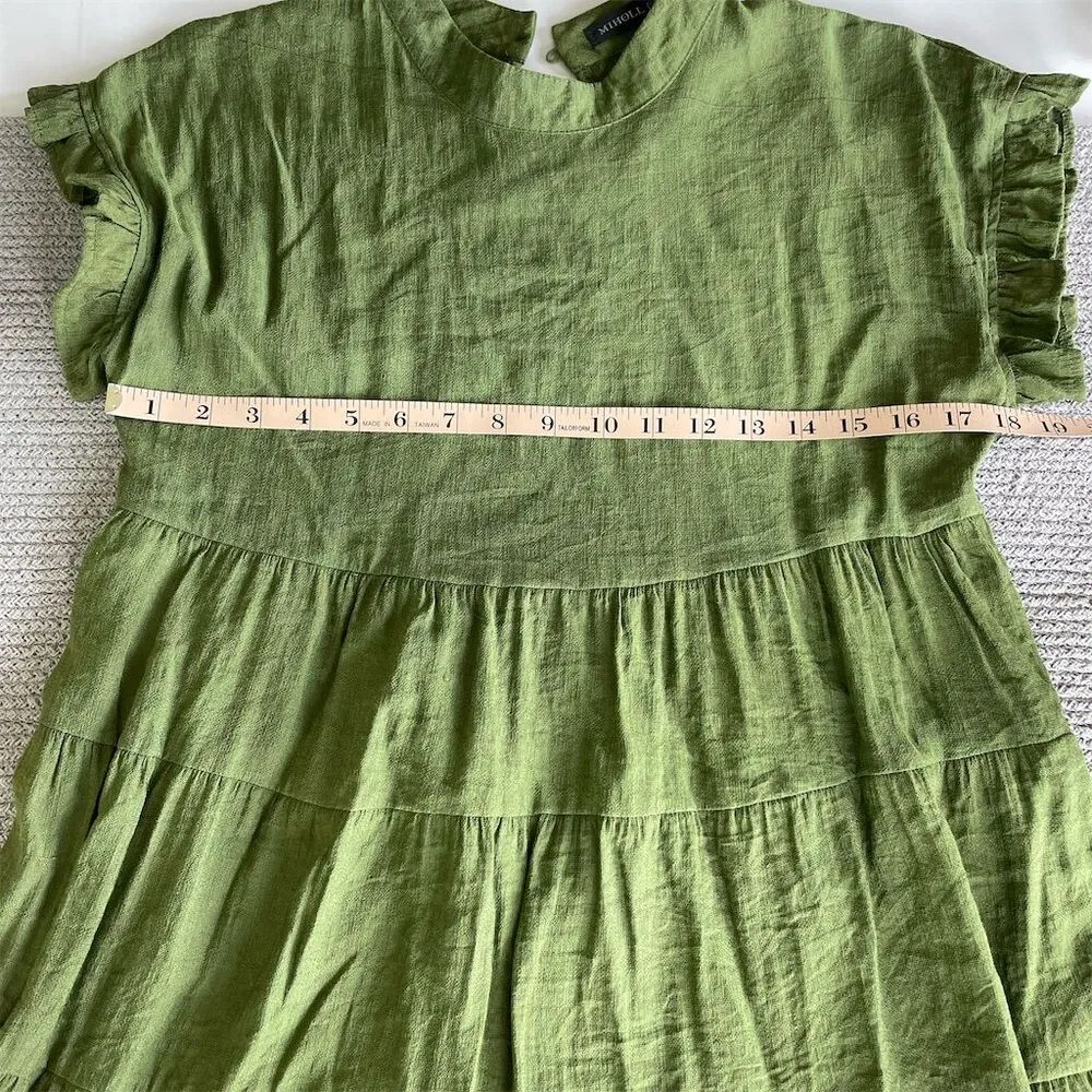 MIHOLL Green Tiered Mini Dress Size Small Knee Length Casual Short Sleeve - Image 6