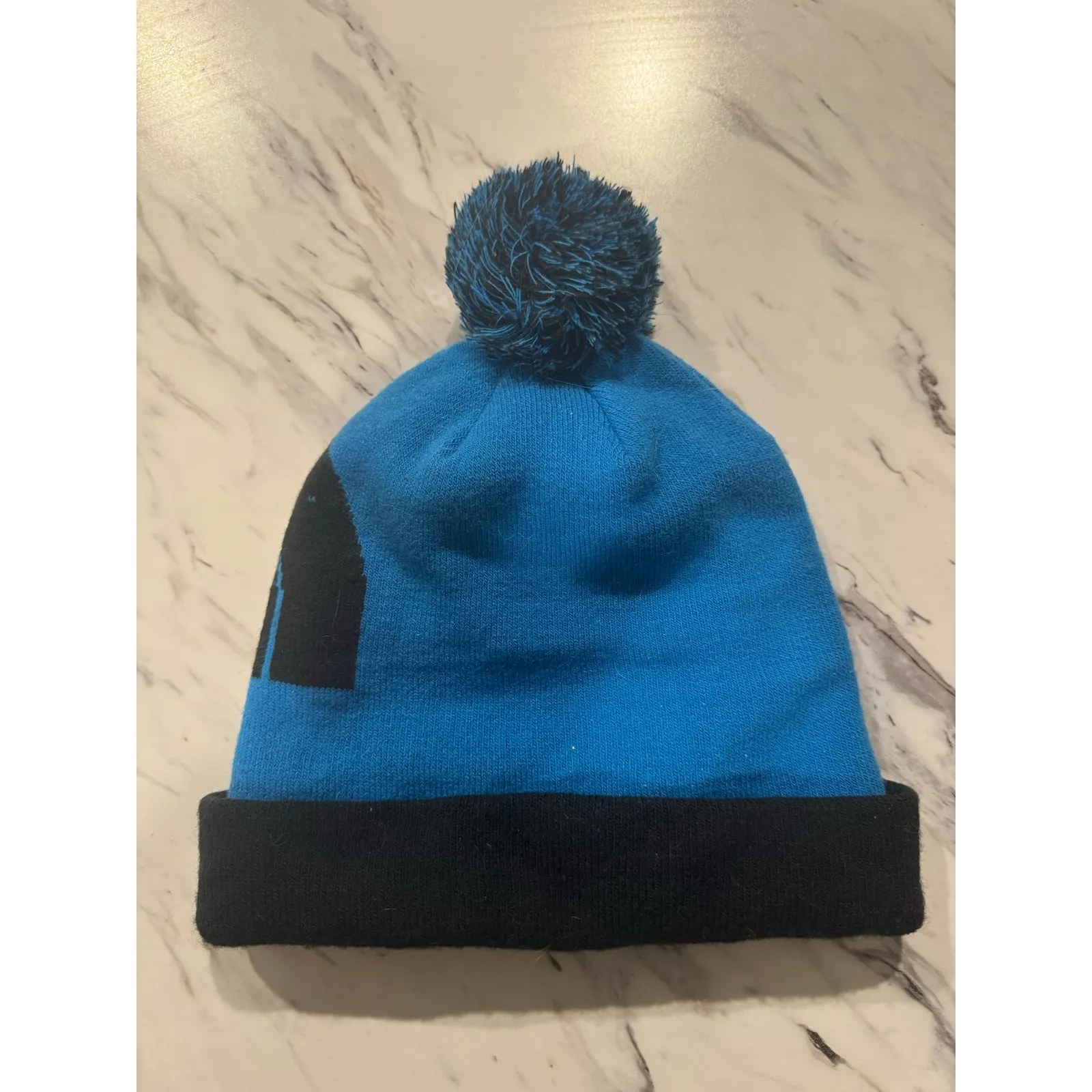 The North Face Pom Beanie Blue Black Logo Cuffed Knit Winter Hat Adult One Size - Image 3