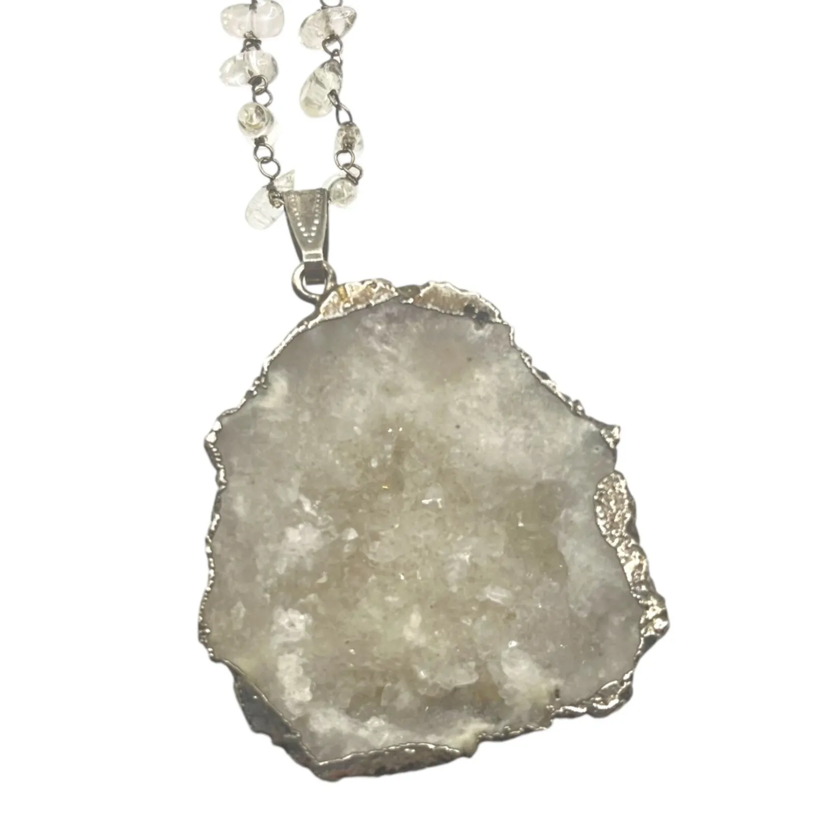 Natural Geode Slice Necklace with Double Strand Chain Boho Hippie Maximalist White - Image 4