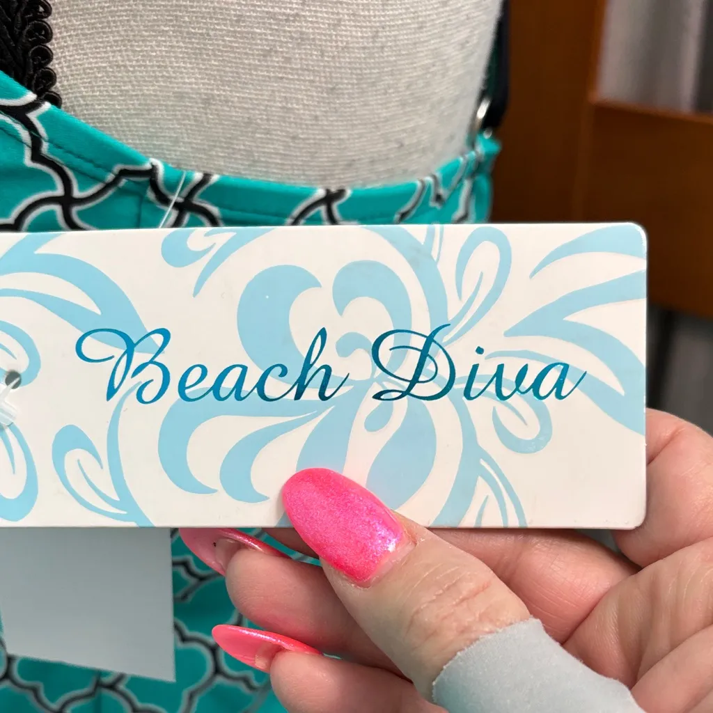 Beach Diva Teal Geometric Halter Tankini Top Blue Size 10 - Image 10