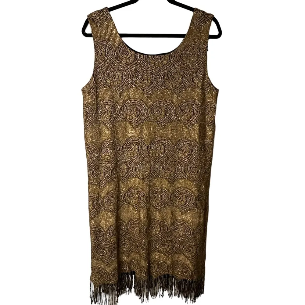 SL Fashions Vintage Flapper Dress Gold Black Fringe‎ Size 16W #696070 - Image 5