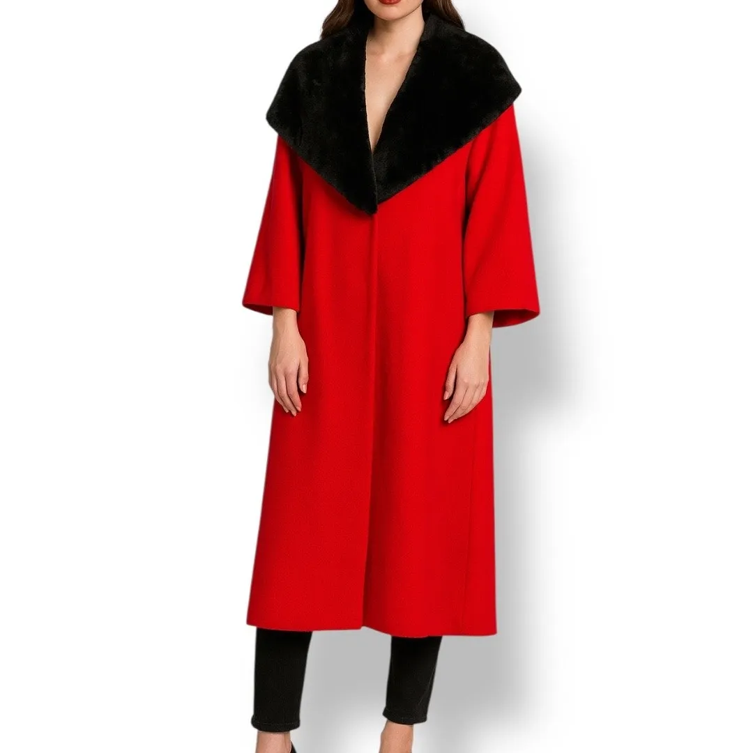 Vintage 50s Red Coat Black Faux Fur Collar Bains Las Vegas Medium Holiday Glam - Image 15