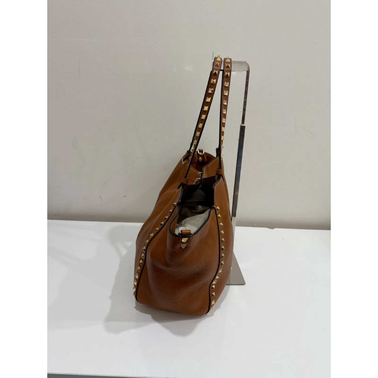 Valentino Light Leather Pebbled Calfskin Rockstud Tote Bag Brown Medium - Image 3