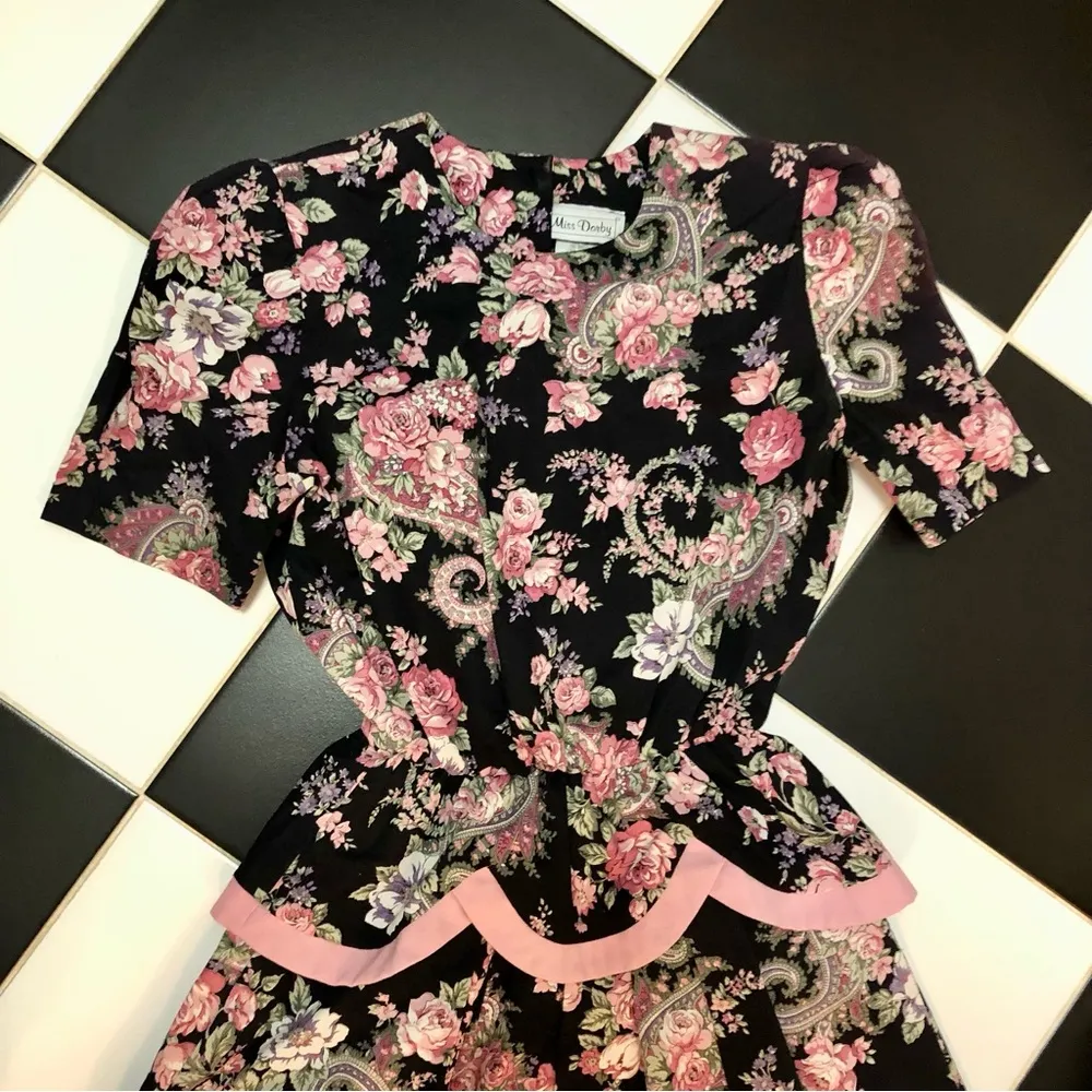 Vintage 80s 90s Miss Dorby Floral Tiered Dress Black Pink Shoulderpads 10P small - Image 3
