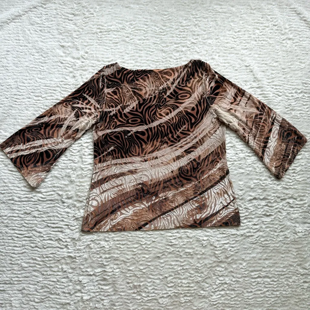 Velvet Burnout Flare Bell Sleeve Top M Gold Brown 90s Y2K Animal Print Fairy - Image 7