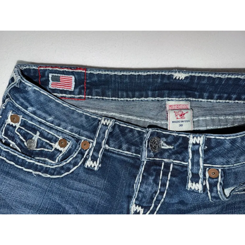 True Religion Y2K Denim Mini Skirt Size 30 Low Rise Raw Hem Festival Indie USA - Image 4