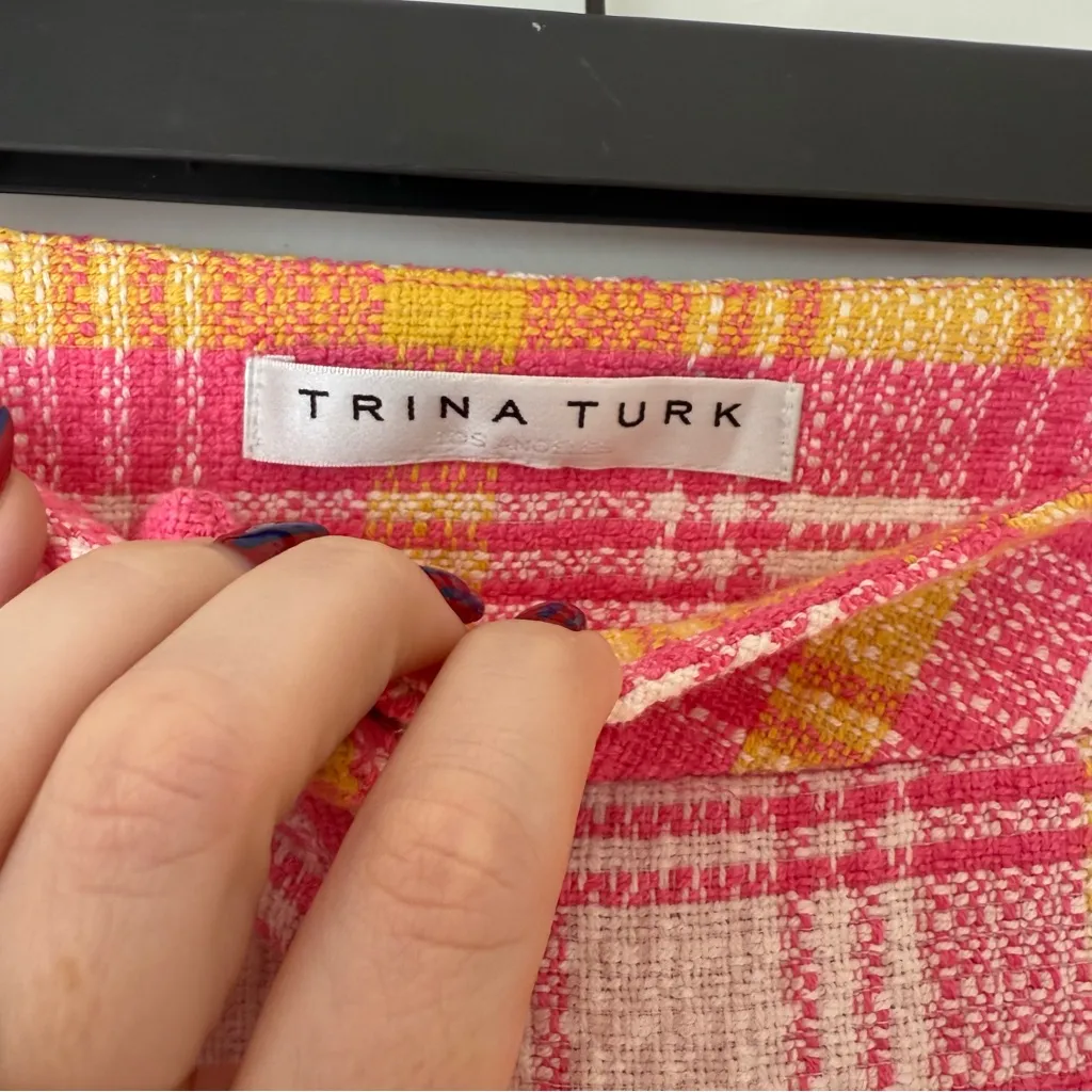 Trina Turk Lulu Pink Yellow White Plaid Tweed Fringe Pants 0 - Image 7