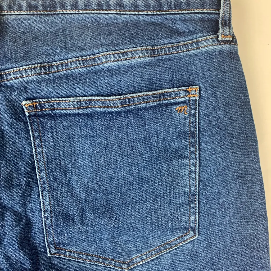 Madewell size 32 kick out mid rise crop Indigo Flare Jeans distressed blue denim - Image 11