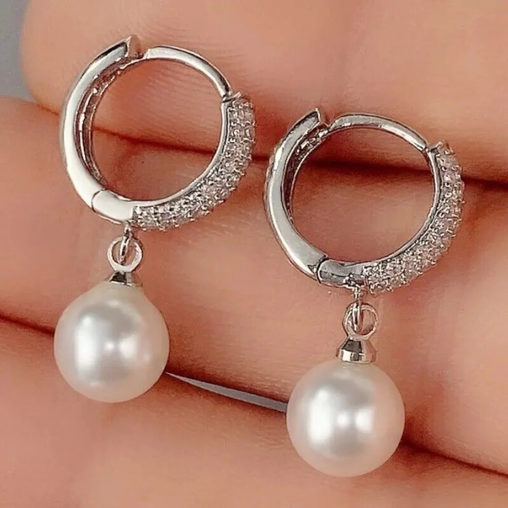 925 Silver freshwater Pearl dangle Earrings Zircon Elegant womens Jewelry - Image 4