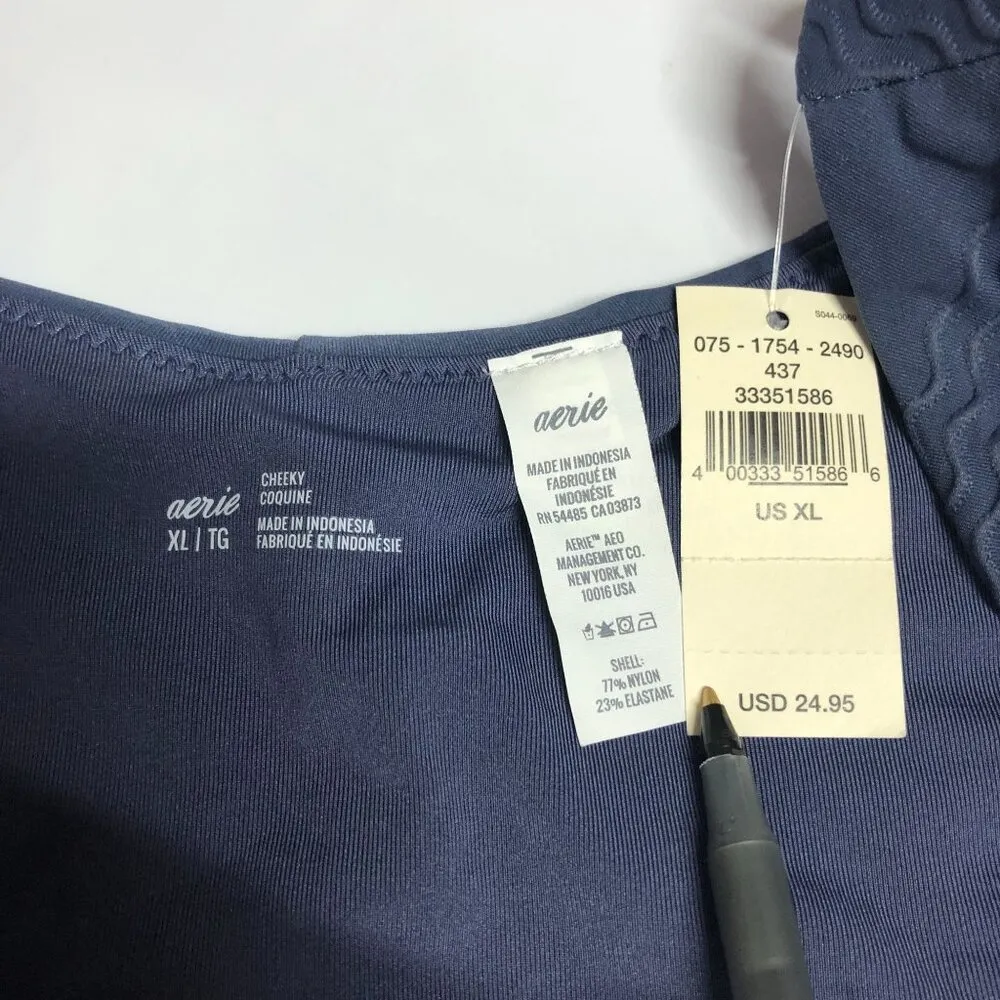 Aerie Bikini Bottom Cheeky High Cut Textured Blue Gray XL - Image 3