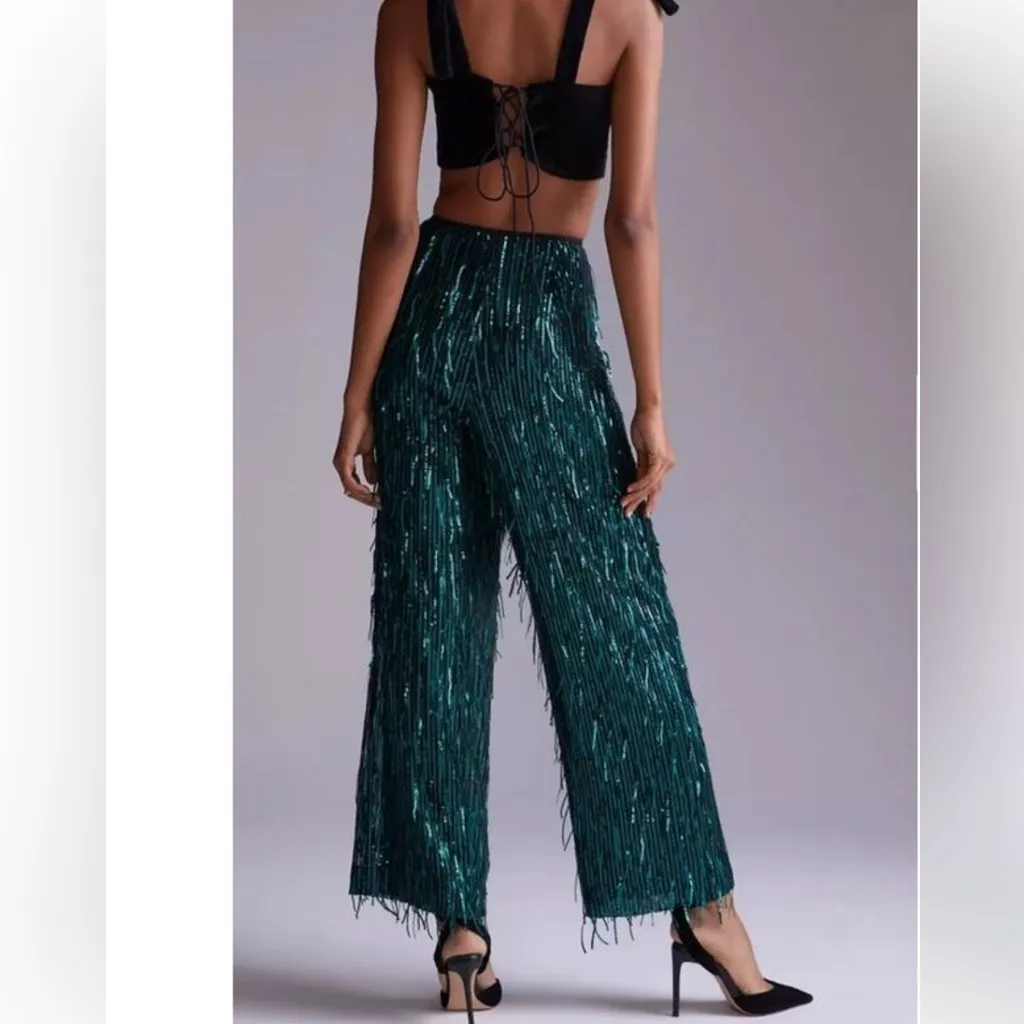Anthropologie Maeve Sequin Embellished Trousers in Green Black Sparkle - Image 3